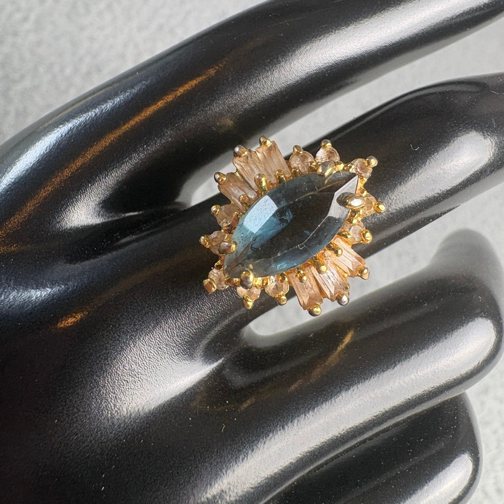 Vintage Marquise Blue Stone Starburst Cocktail Ring Gold Tone Size 7.5